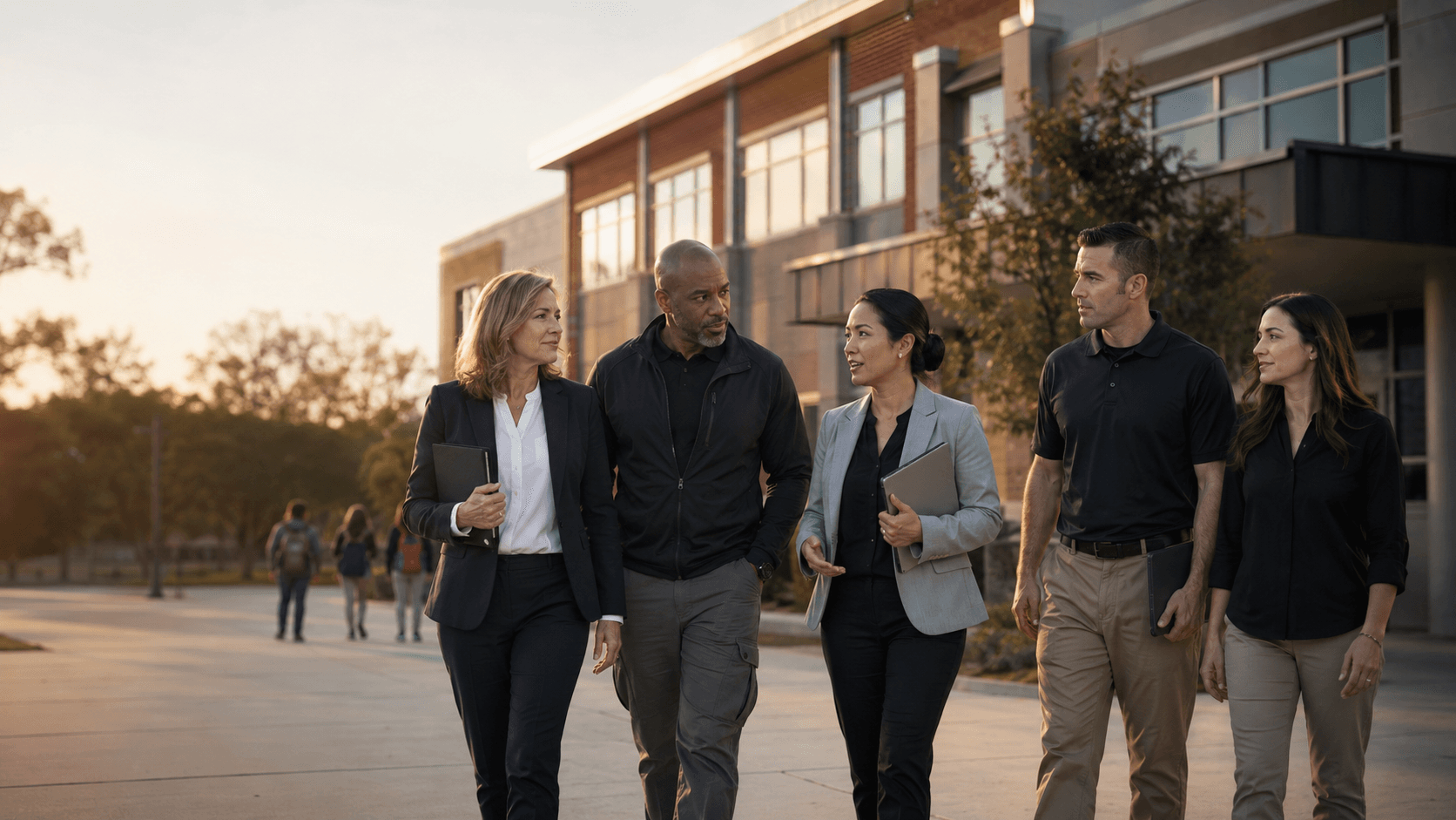 Students walking toward a school campus with a safety-focused background