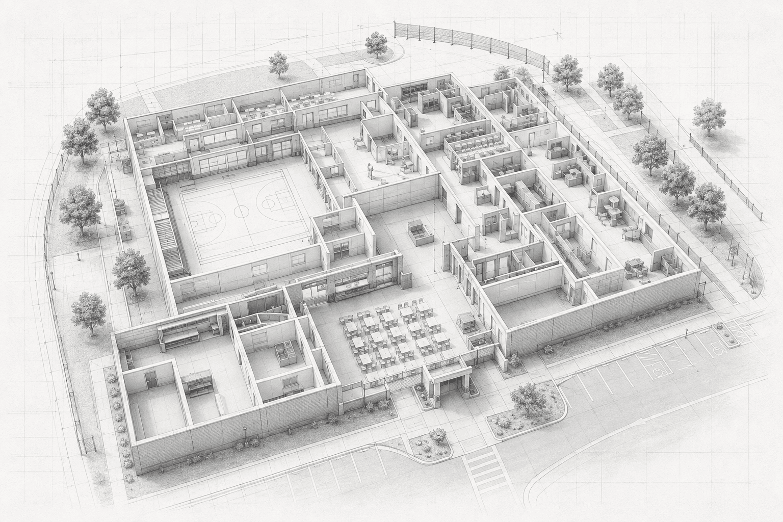 Architectural campus plan showing the areas evaluated during a physical security assessment
