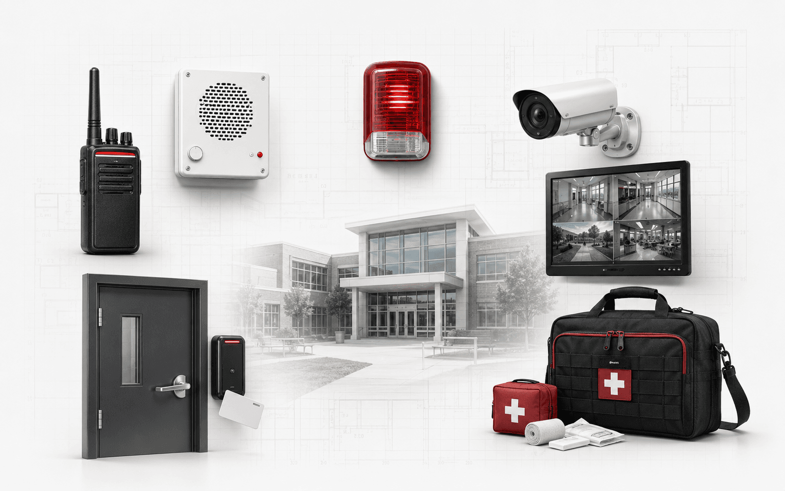 Integrated school safety equipment including communications, access control, cameras, emergency alerts, and response supplies