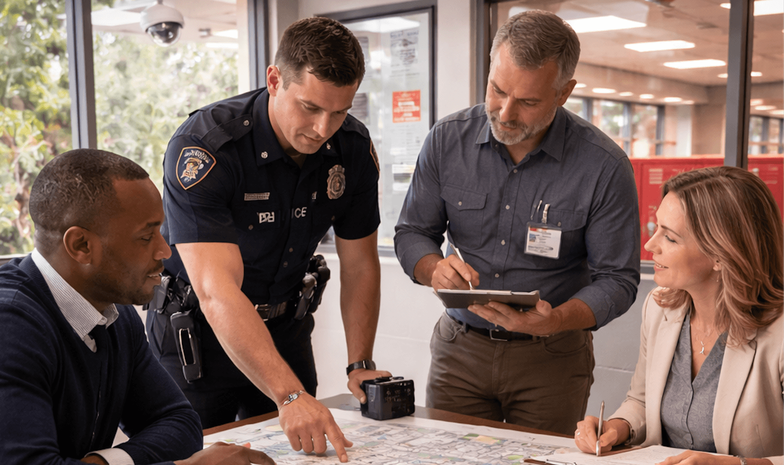 Code Red safety professionals reviewing a campus safety plan