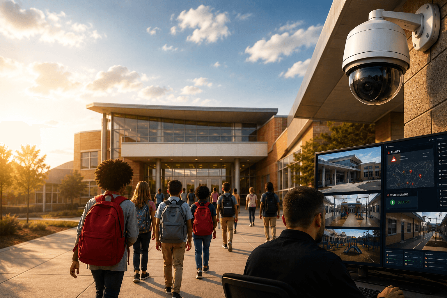 Students arriving safely at a modern school campus